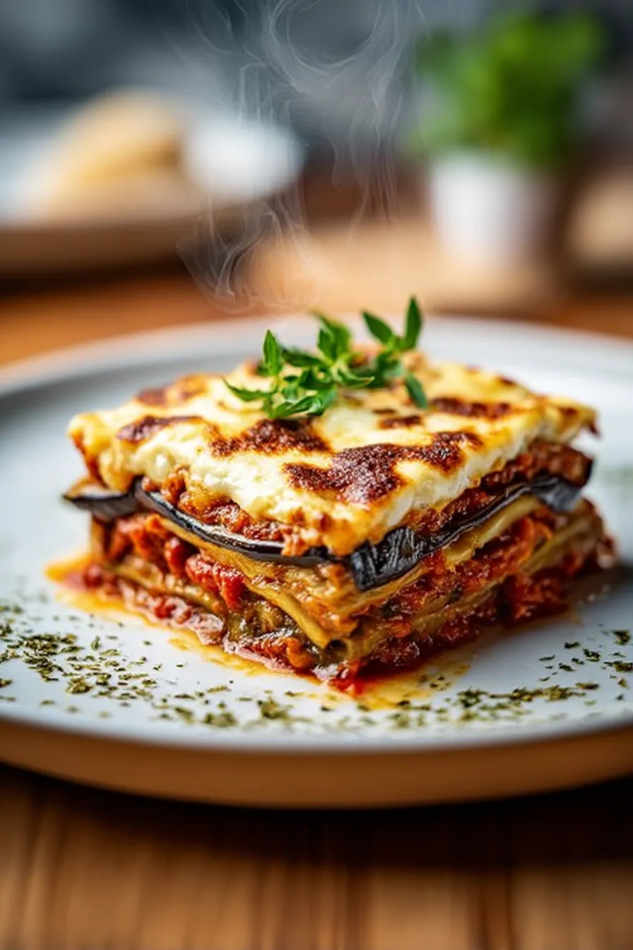 Classic Greek Eggplant Moussaka Plated Ready to Serve