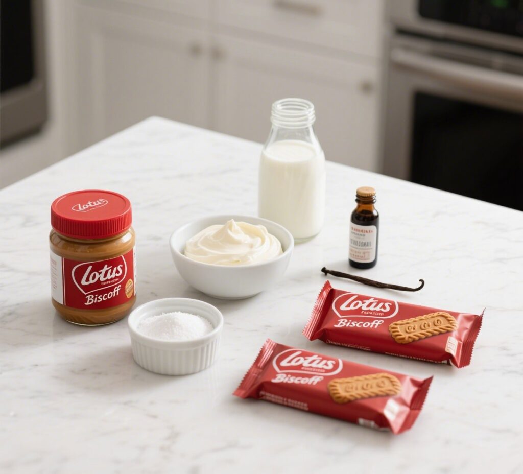 Ingredients for Cookie Butter Icebox Cake laid out