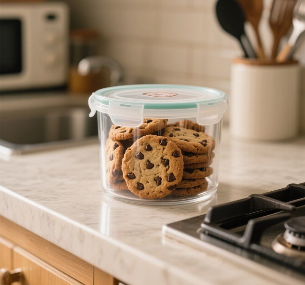 Chocolate chip cookies stored in an airtight container