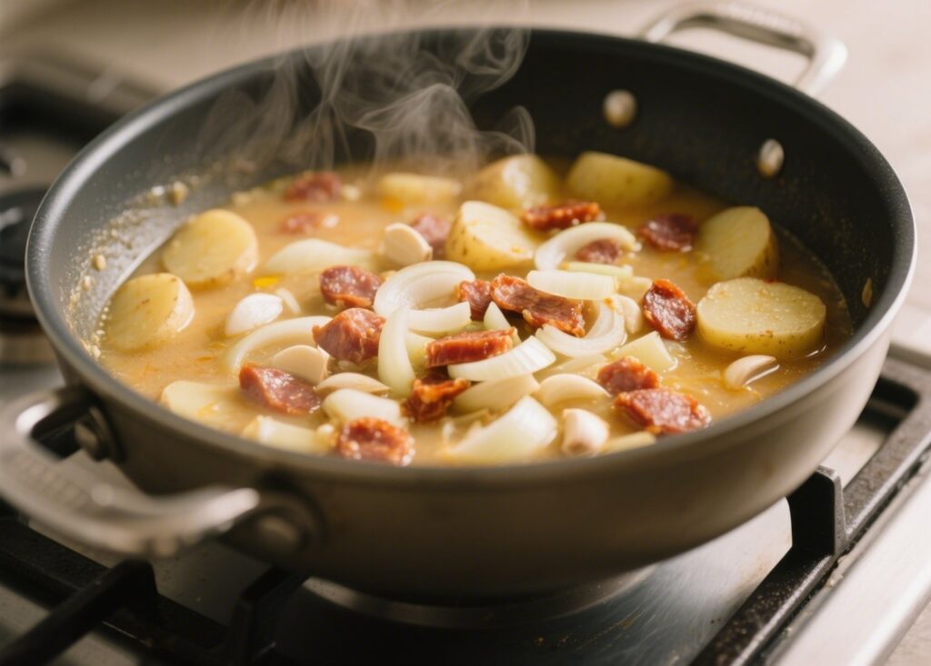 Cooking Spanish potato soup with chorizo in a large pot