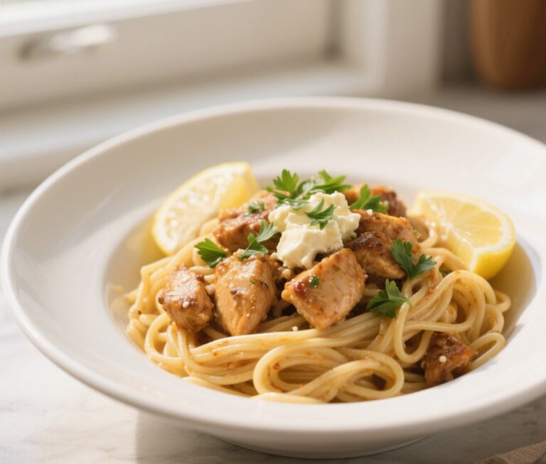 Cowboy Butter Chicken Linguine with lemon and parsley in bowl