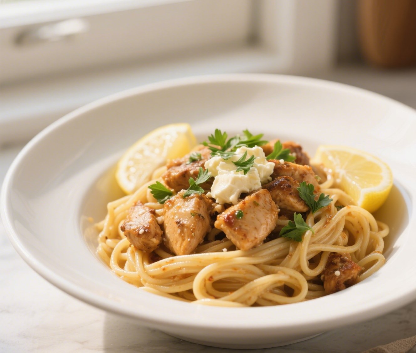 Cowboy Butter Chicken Linguine with lemon and parsley in bowl