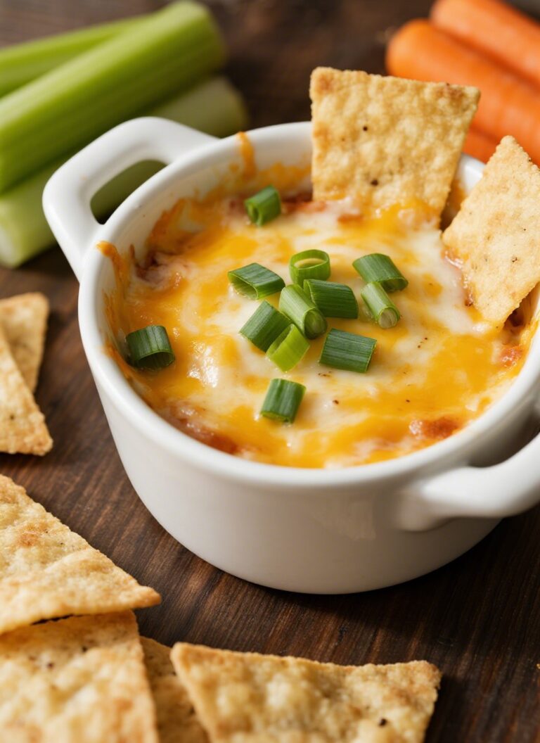 Crack Dip with cheddar cheese, and green onions served with tortilla chips.
