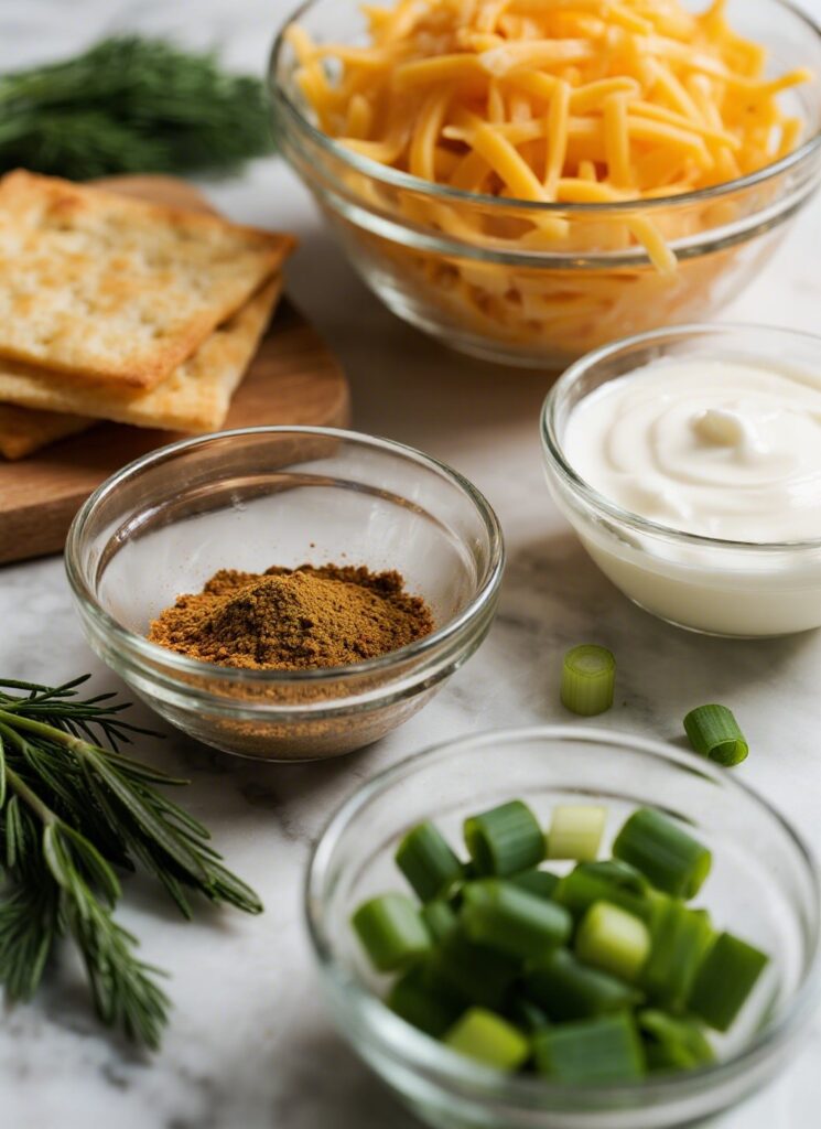 Ingredients for Crack Dip including cheddar cheese, ranch seasoning, and yogurt.