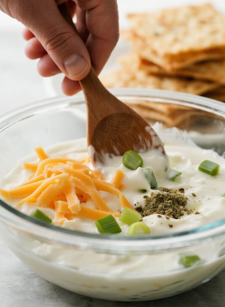 Mixing Crack Dip ingredients in a glass bowl without bacon.