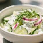 creamy cucumber salad in white bowl with dill and onion