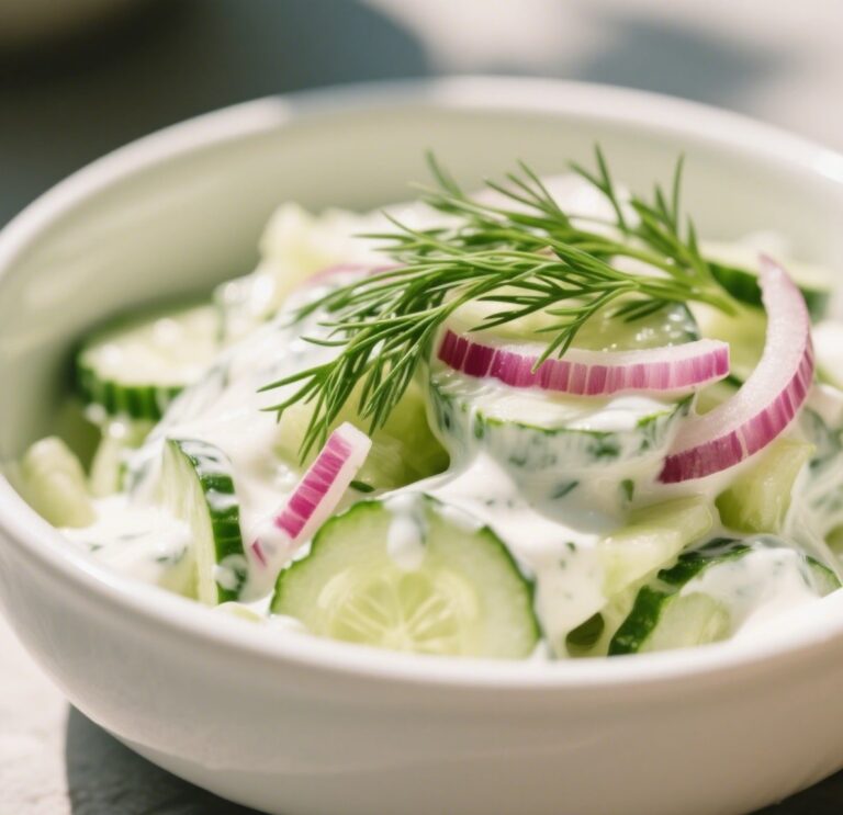 creamy cucumber salad in white bowl with dill and onion