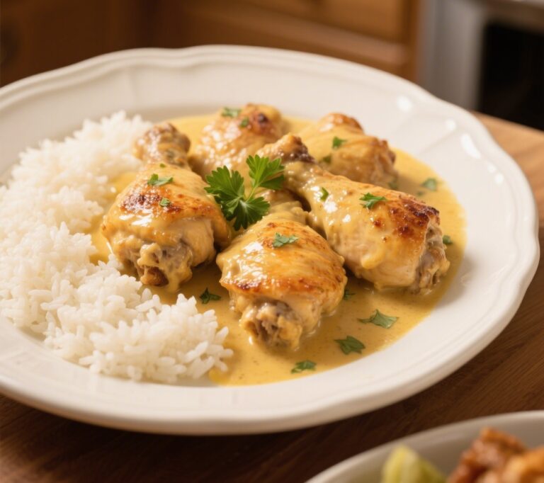 Creamy Smothered Chicken and Rice served on a white plate