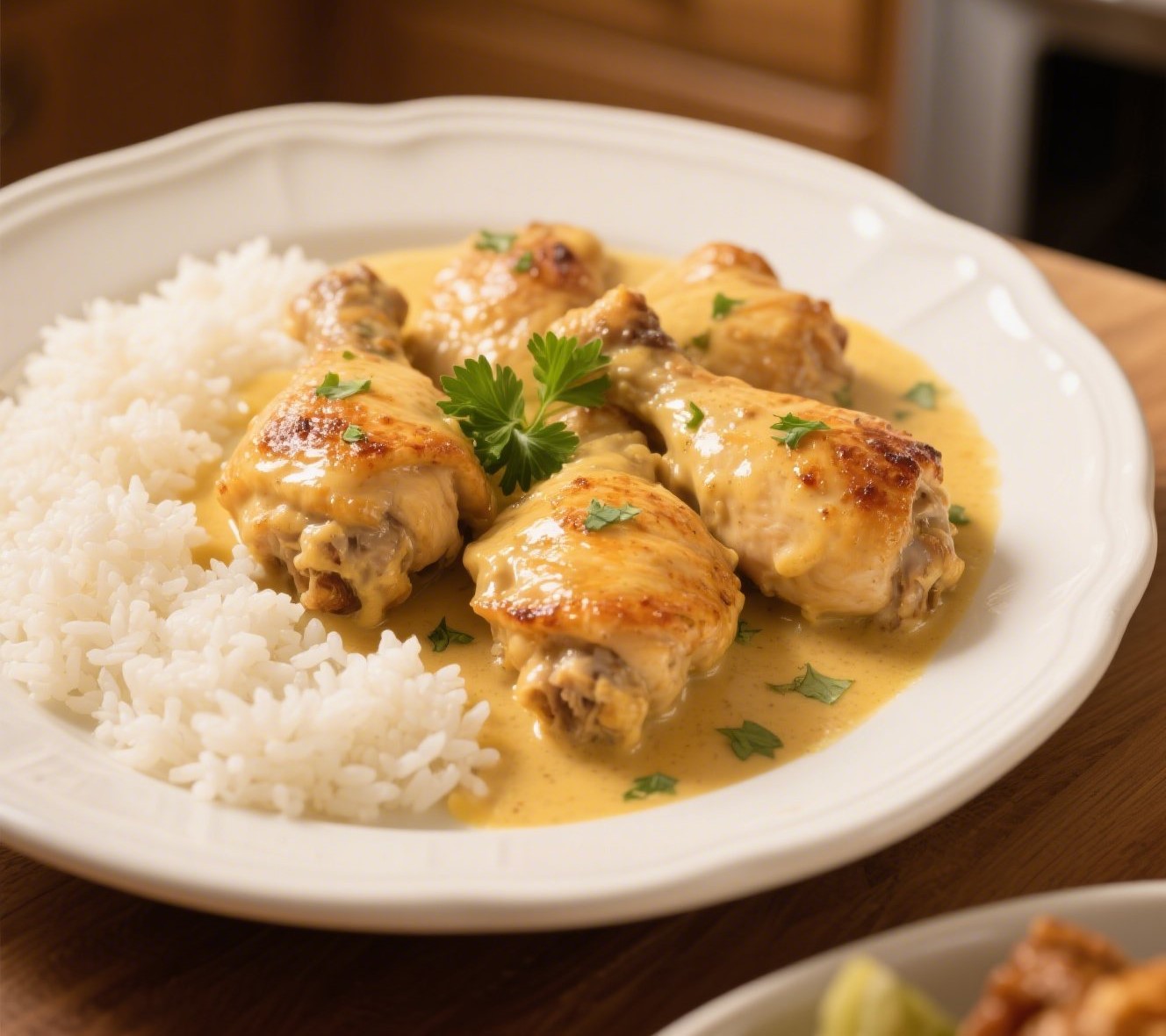 Creamy Smothered Chicken and Rice served on a white plate