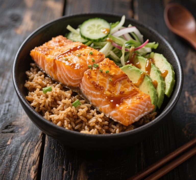 Crispy Bang Bang Salmon Bowl with Avocado and Sauce
