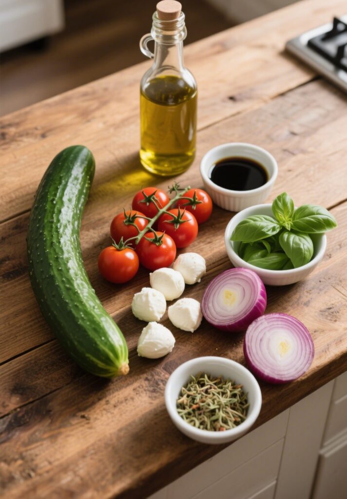 Fresh ingredients for Cucumber Caprese Salad