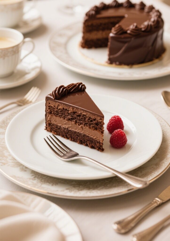 Chocolate cake slice with raspberry garnish