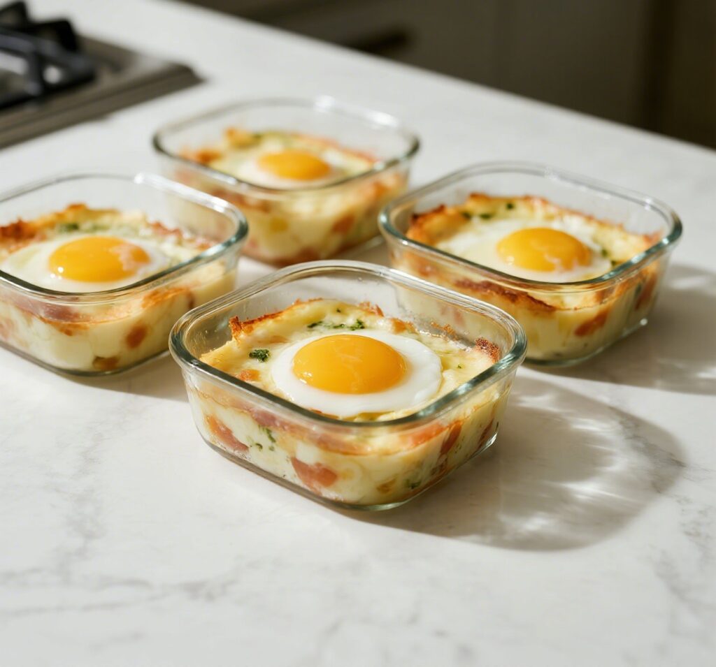 Baked feta eggs stored in meal prep containers