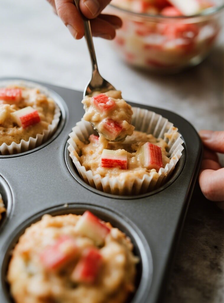 Rhubarb muffin batter in muffin tin
