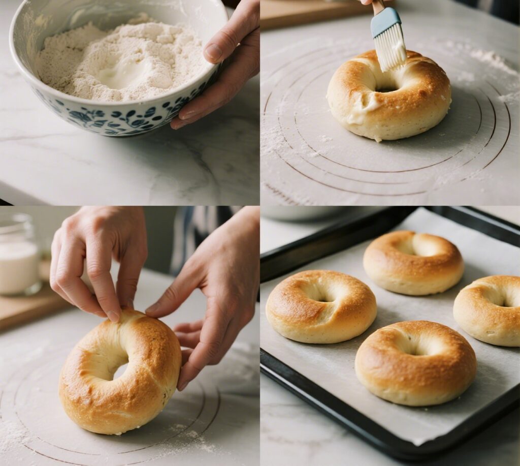 Step-by-step collage of making Greek yogurt bagels from dough to oven