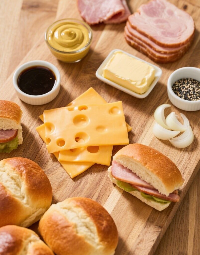 Ingredients laid out for ham and cheese slider recipe
