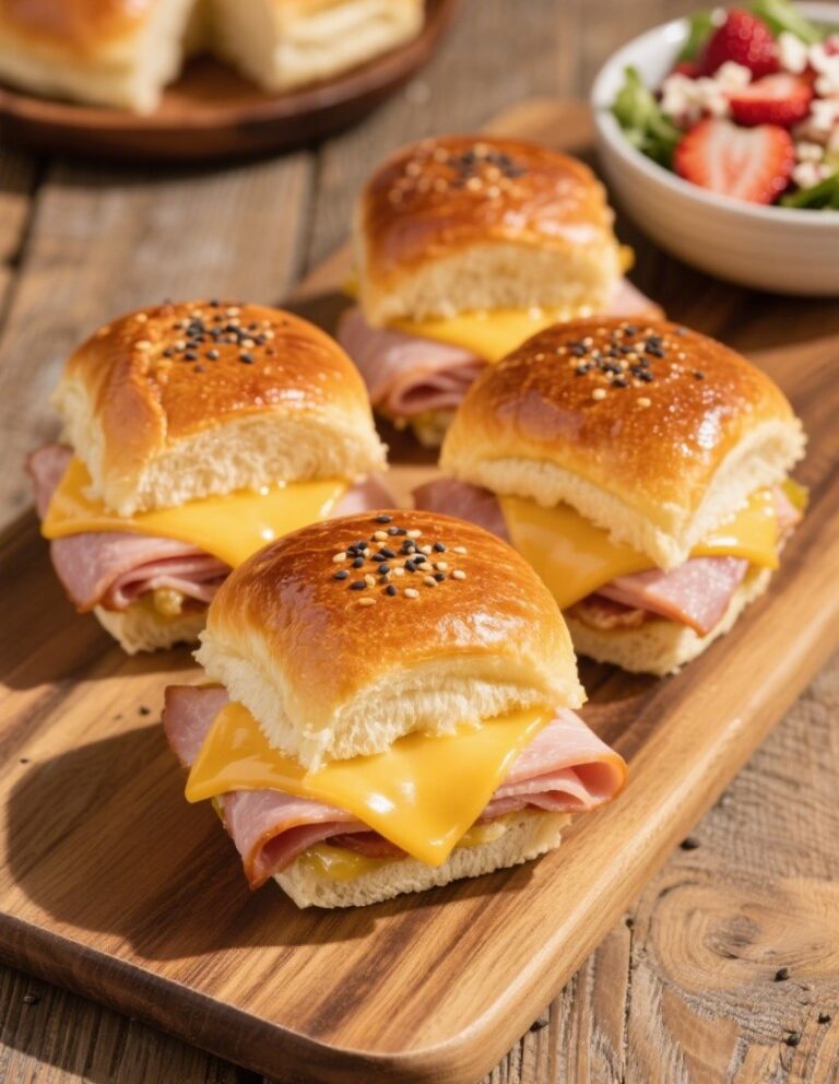 Freshly baked ham and cheese sliders with golden tops and melted cheese