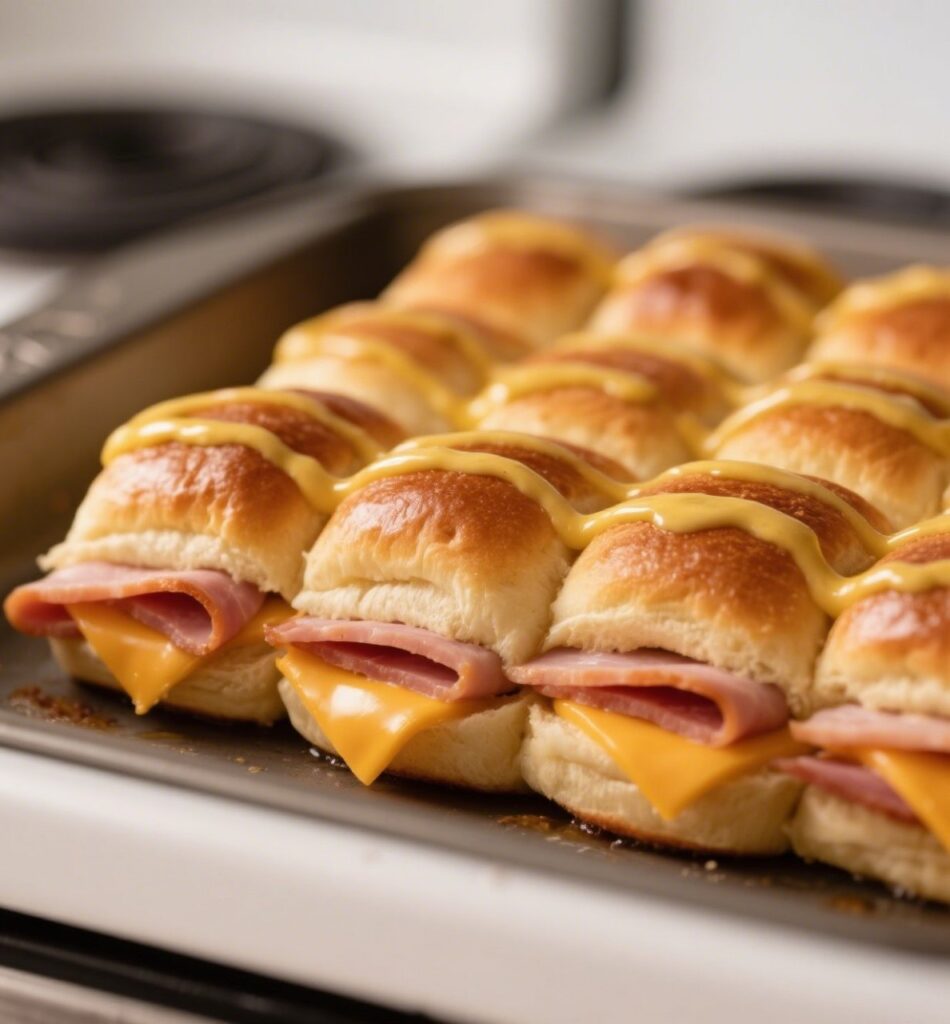 Assembled ham and cheese sliders in baking tray before cooking