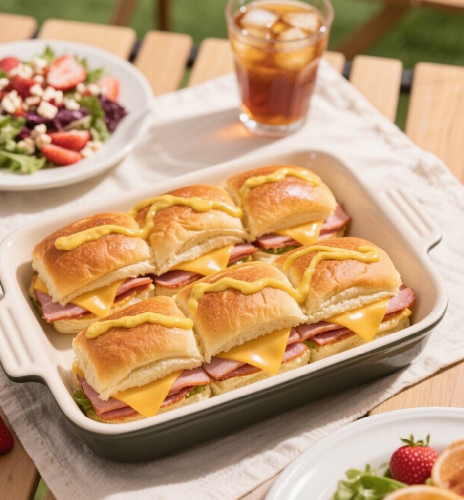 Ham and cheese sliders served with strawberry crunch salad and iced tea