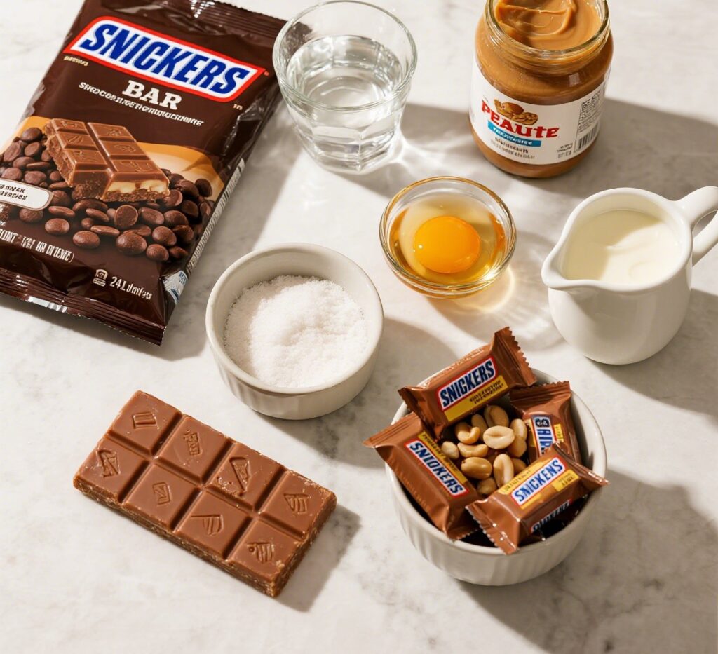 Flat lay of ingredients for homemade Snickers Bars on marble countertop