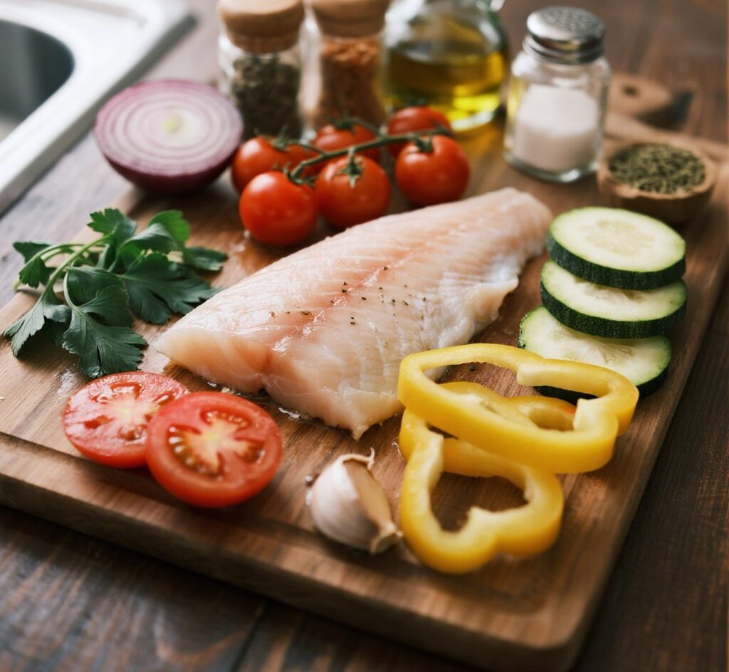 flat lay of ingredients for Mediterranean baked white fish recipe