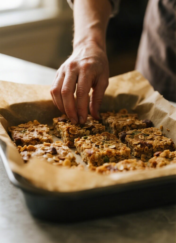 Preparing cereal bars in a baking dish