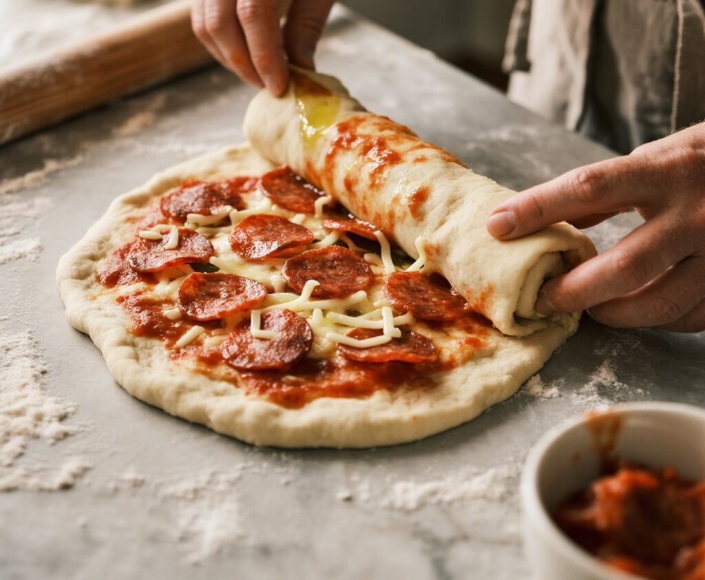 step-by-step process of rolling and preparing pepperoni pizza rolls with fresh dough and toppings