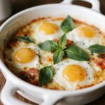 Mediterranean baked feta eggs with herbs in a baking dish