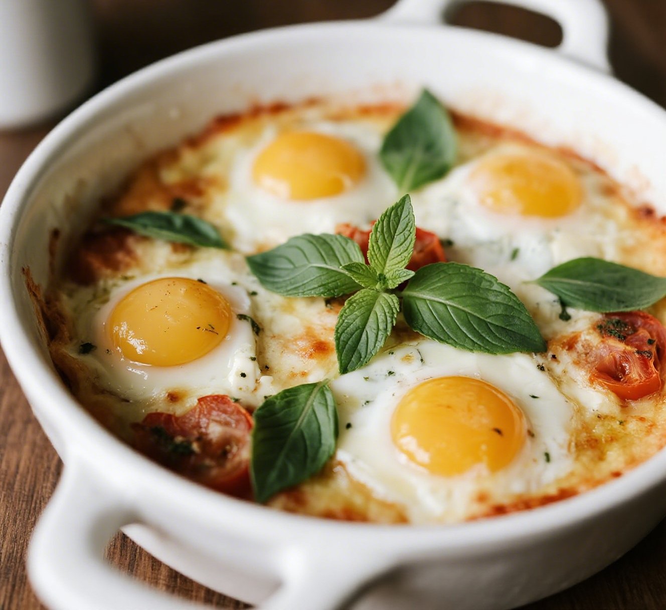 Mediterranean baked feta eggs with herbs in a baking dish
