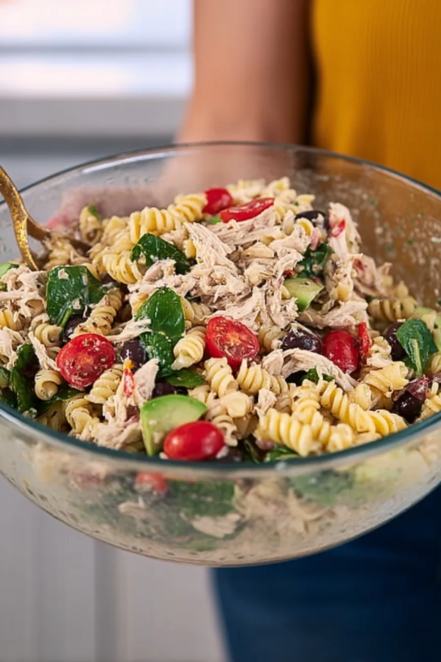 Mediterranean Chicken Pasta Salad in a Bowl