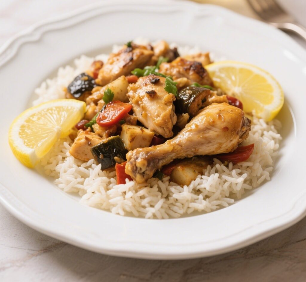 Mediterranean one pot chicken and rice with lemon
