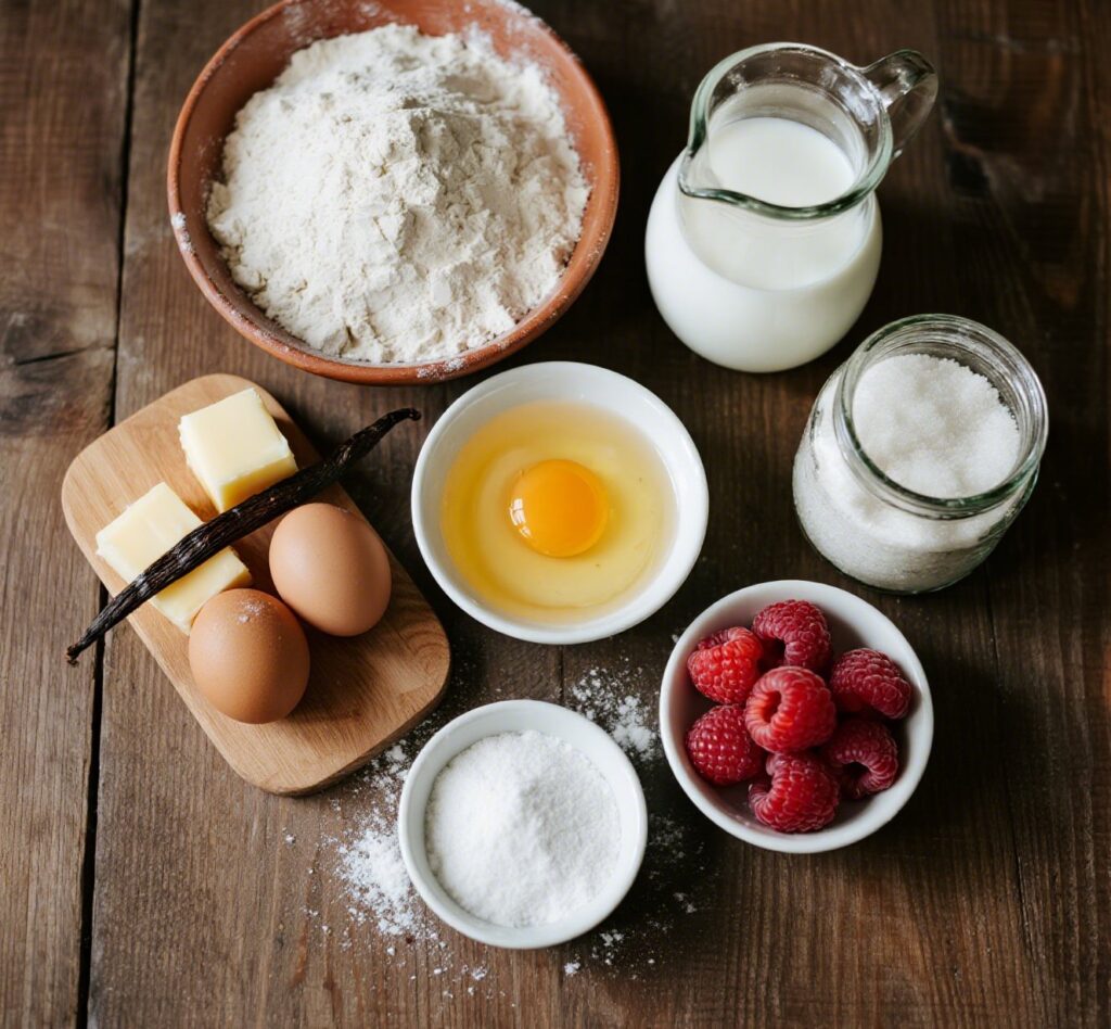 Ingredients for mini vanilla cream tarts with fresh raspberries