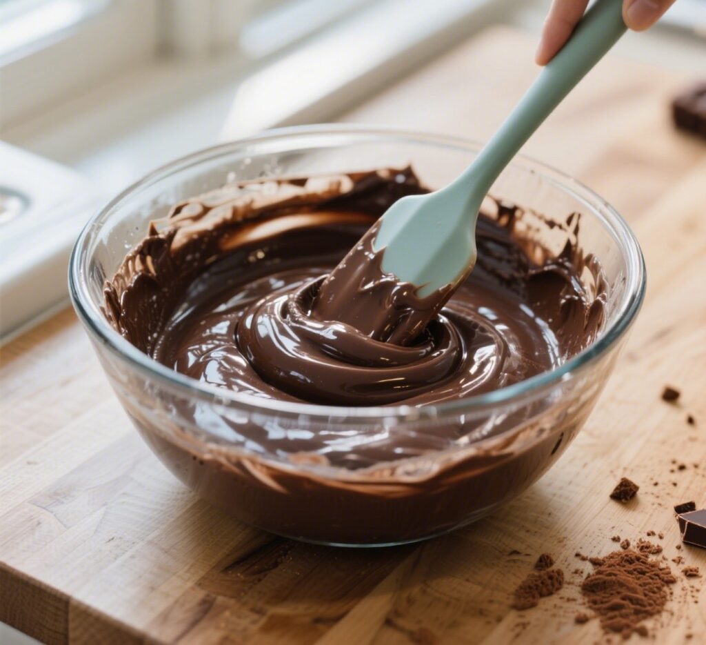 Mixing brookie batter with dark chocolate in a glass bowl