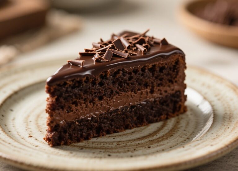 Moist chocolate cake topped with ganache