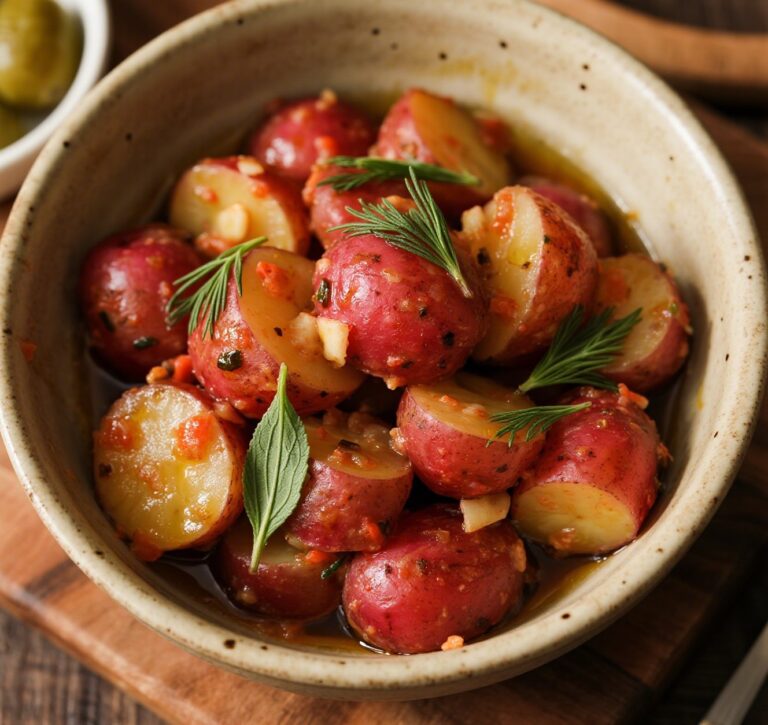 No-Mayo Potato Salad with Herbs in rustic bowl with fresh herbs