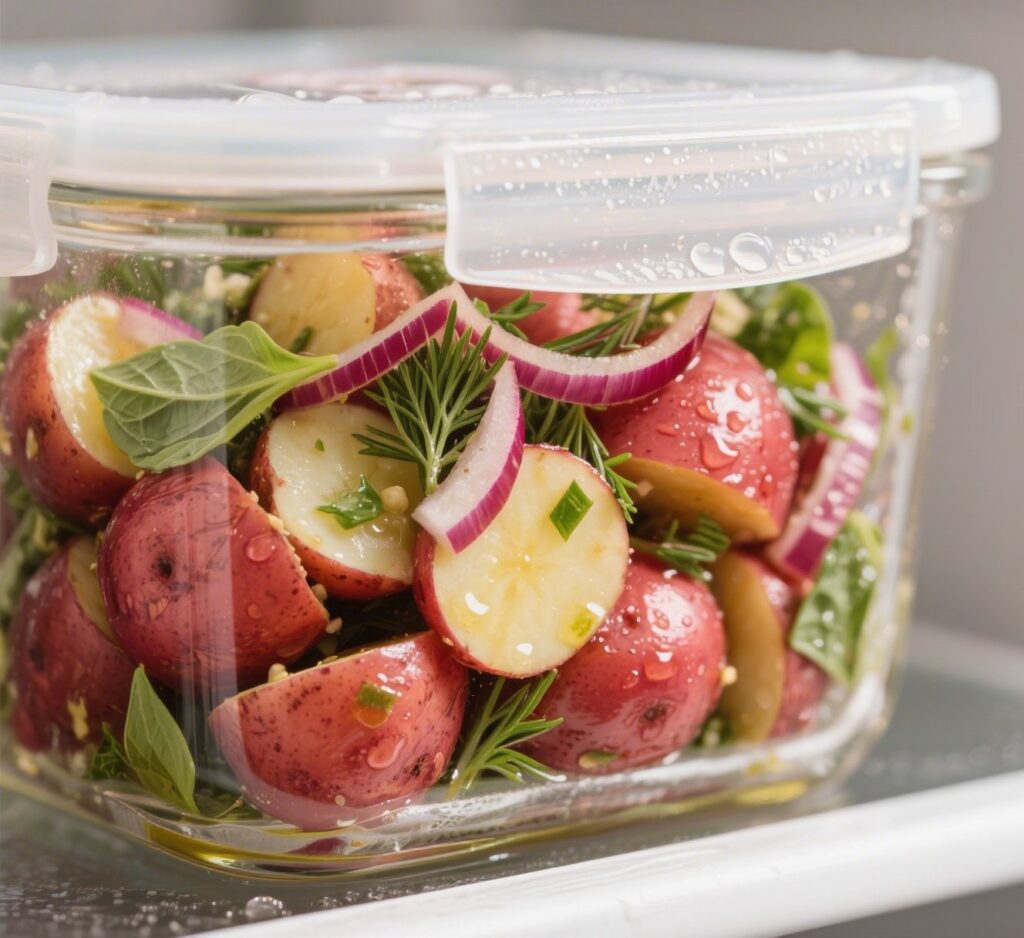 Storing no-mayo herb potato salad in airtight container