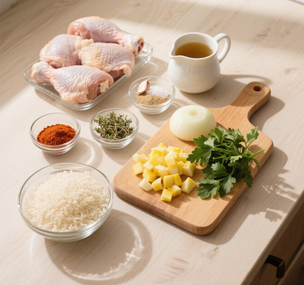 Ingredients for one pot chicken and rice recipe
