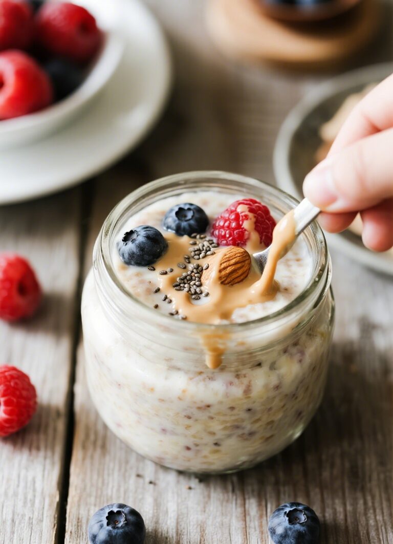 Overnight oats with berries and almond butter