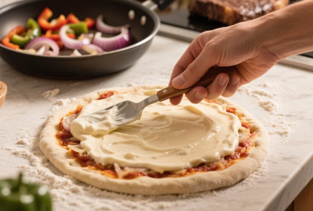 Spreading creamy sauce on pizza dough for Philly Cheesesteak Pizza