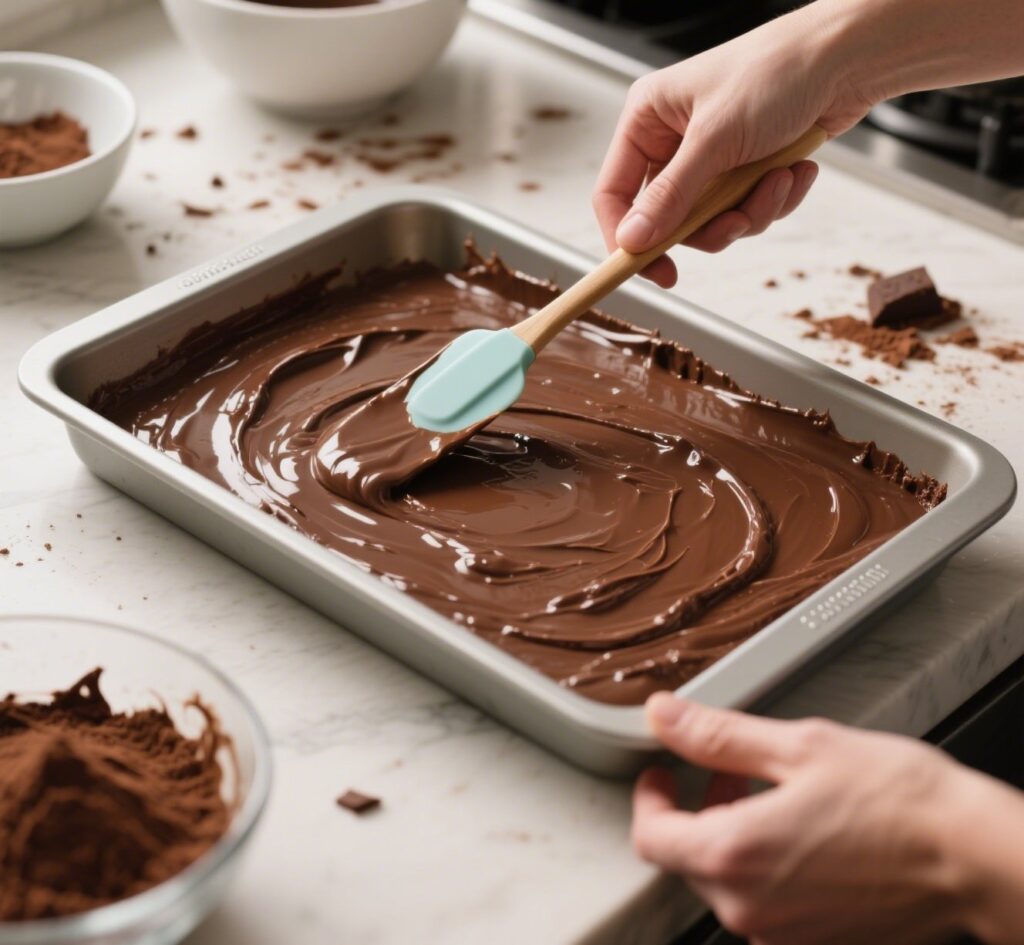 Pouring thick brownie batter into baking pan for better-than-box mix recipe