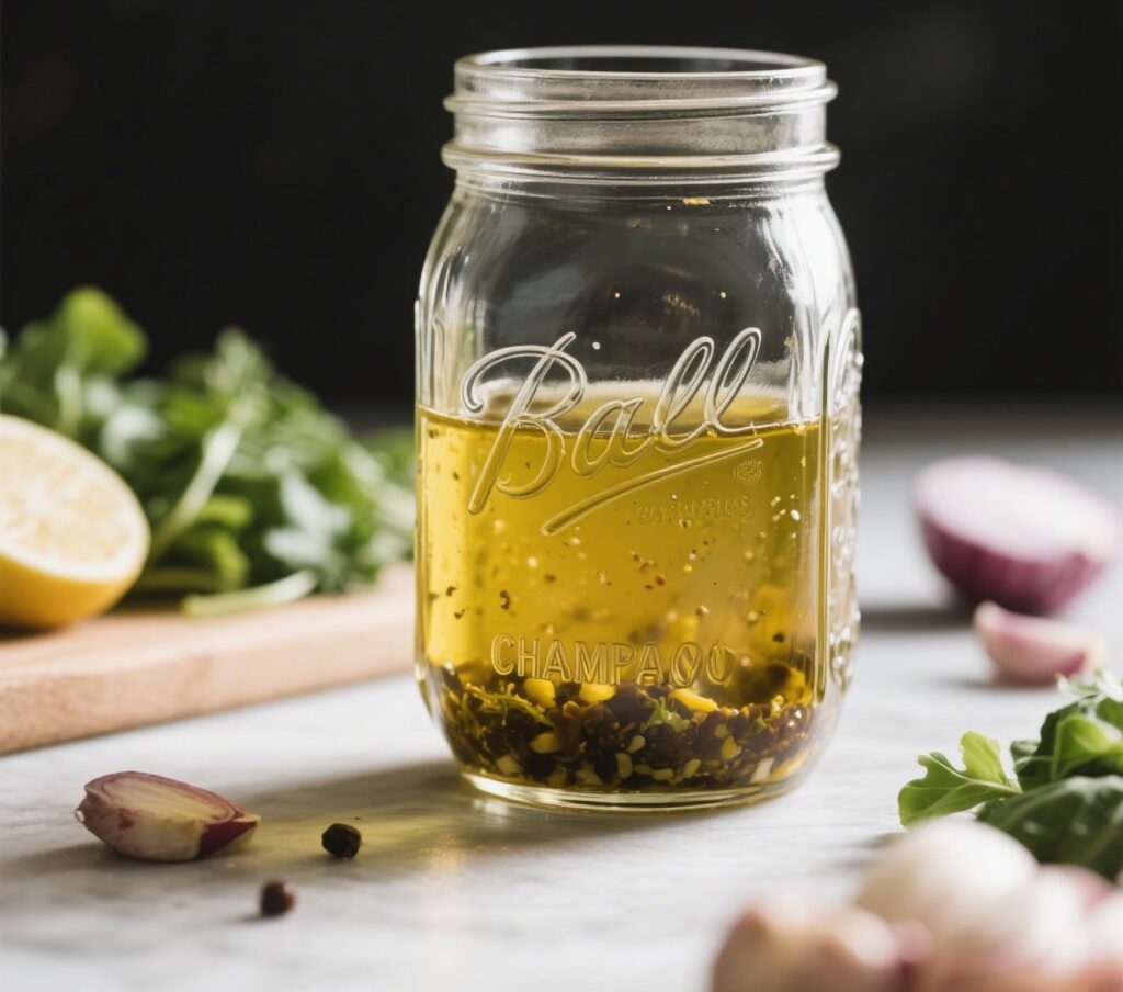 pouring champagne vinaigrette on strawberry salad