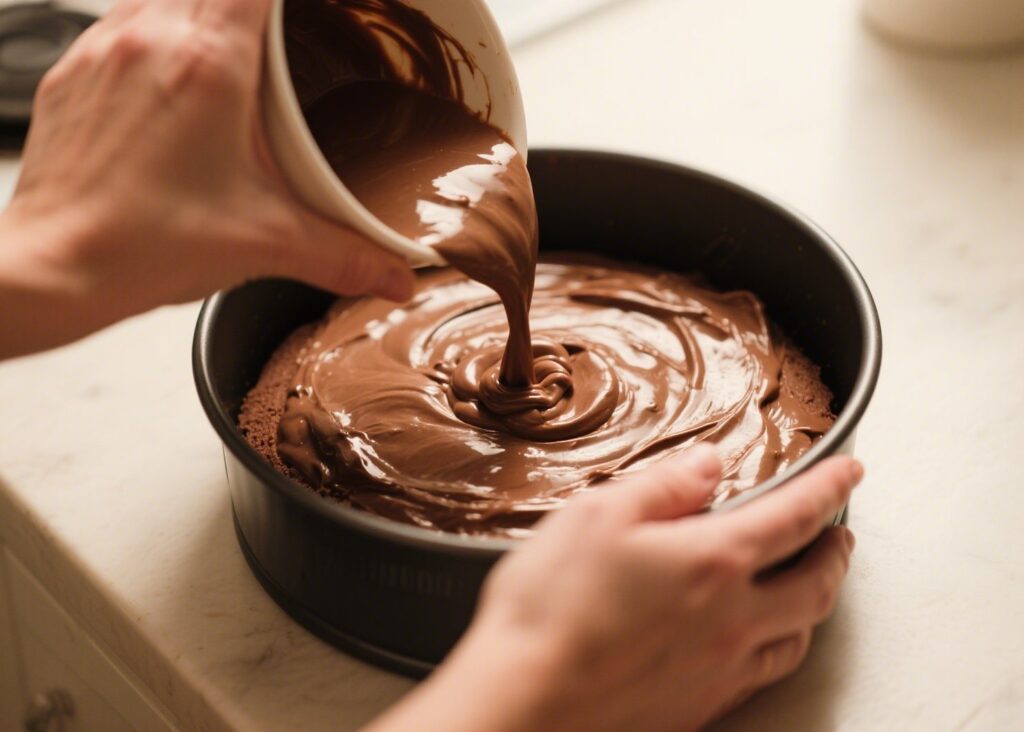 Pouring chocolate cake batter into pan
