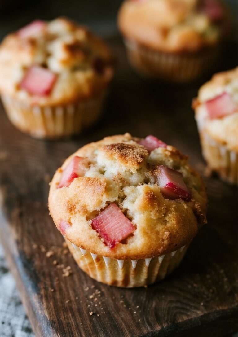 Freshly baked rhubarb muffins on wooden counter