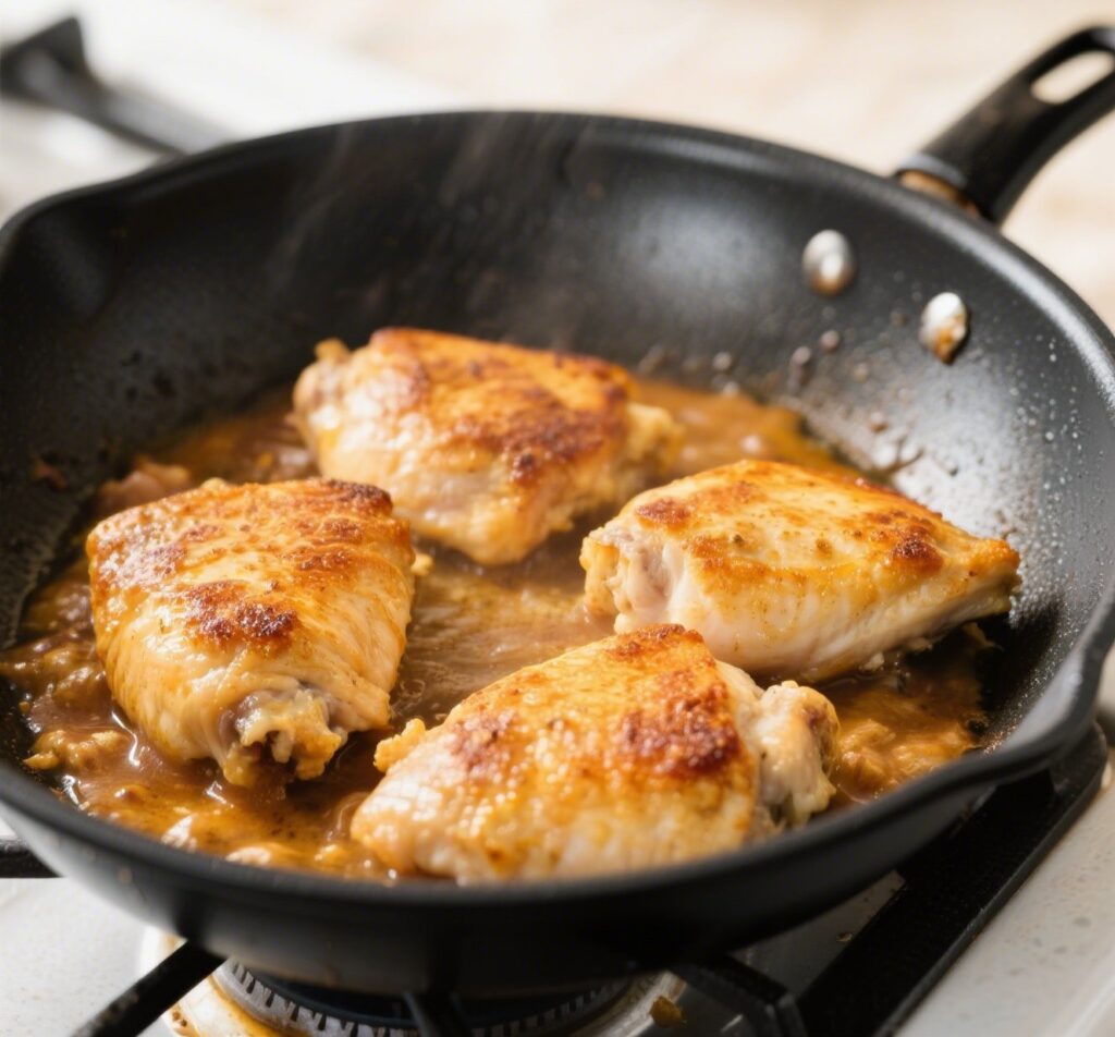 Searing seasoned chicken thighs for one pot chicken and rice