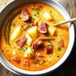 Delicious Spanish Potato Soup with Chorizo in a Bowl