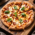 spicy chorizo pizza with bubbling cheese and fresh basil