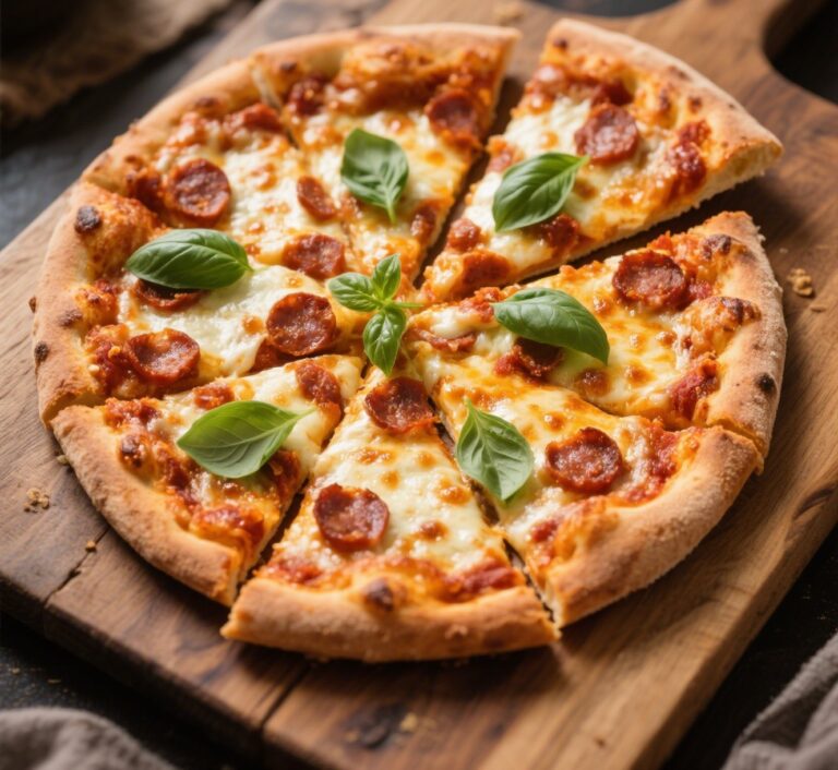 spicy chorizo pizza with bubbling cheese and fresh basil