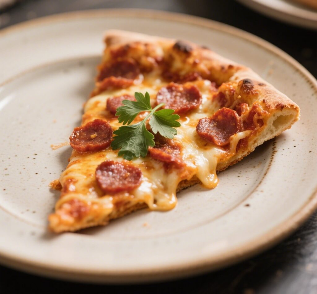  slice of spicy chorizo pizza with melted cheese