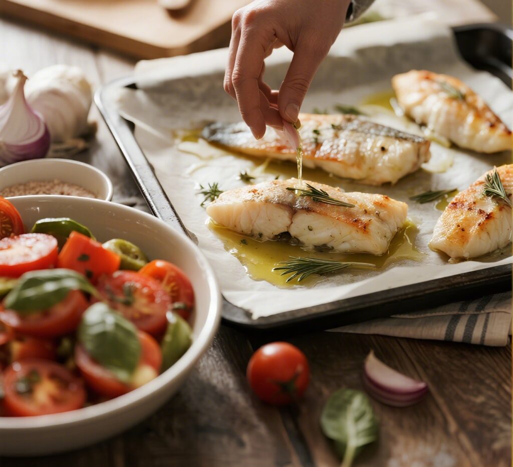 preparation of Mediterranean baked white fish with seasoned vegetables and raw fillets