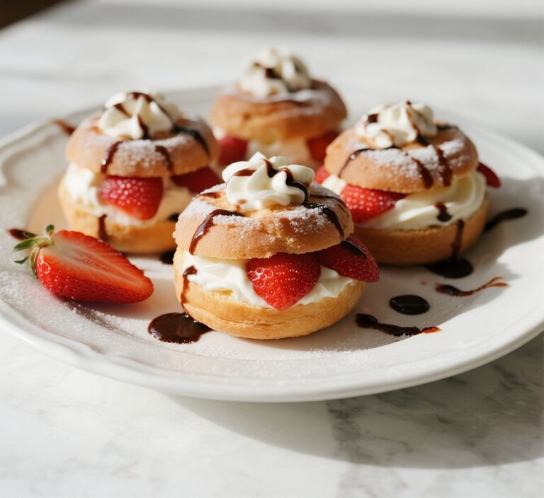 Freshly made strawberry cream puffs with whipped cream, chocolate drizzle, and strawberries